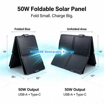 Painel Solar Dobrável ETFE de 50W, Carregador Solar Portátil Resistente à Água para Camping na Praia