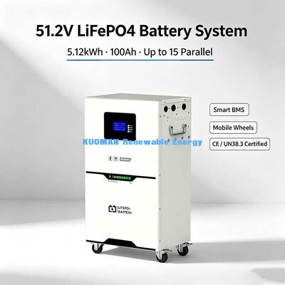 Bateria LiFePO4 de 51.2V 100Ah Sistema de Armazenamento de Energia Solar Residencial de 5.12kWh, 6000 Ciclos
