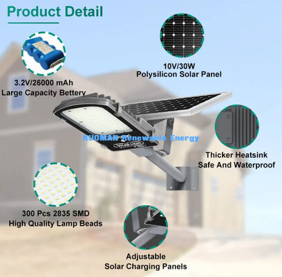 Luz de Rua Solar à Prova d'Água IP65 de 300W com Modo de Detecção de Movimento e Painel Solar para Ruas Urbanas