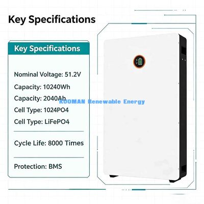 Powerwall 10.24kWh Protegida por Smart BMS 48V 200Ah LiFePO4 Bateria Solar Off-Grid para Backup Residencial