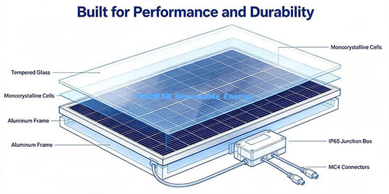 Perda de baixa temperatura painel de energia solar de 200W-210W, geração estável de energia em ambientes de verão quente