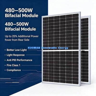 Modulo solar bifacial de 490 W com amplo intervalo de temperatura, -40°C~+85°C