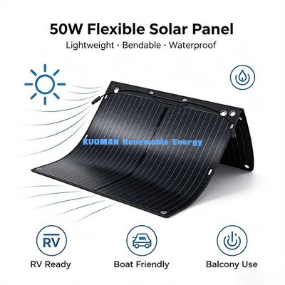 Painel solar flexível portátil à prova d'água de 50 W, carregador solar dobrável para bateria de 12 V, central eléctrica e dispositivos externos
