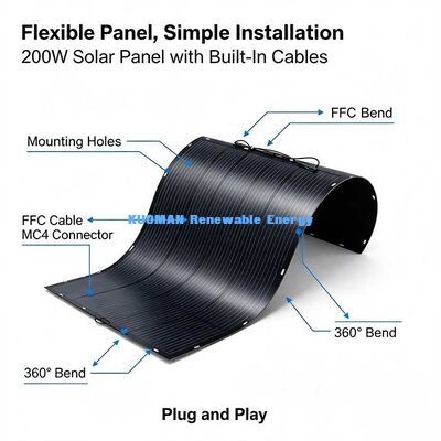 Painel solar flexível ultrafinos de 200 W, módulo solar flexível MC4 para telhado de RV, iate, sistema solar de acampamento