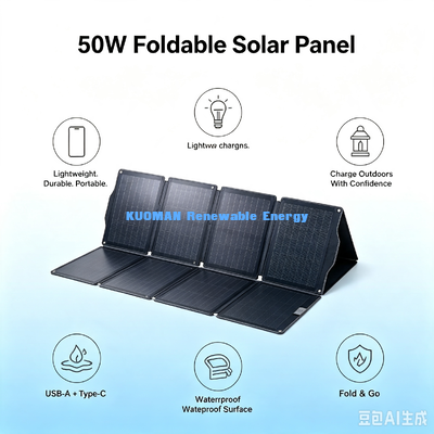 Painel Solar Dobrável ETFE de 50W, Carregador Solar Portátil Resistente à Água para Camping na Praia