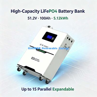 Bateria LiFePO4 de 51.2V 100Ah Sistema de Armazenamento de Energia Solar Residencial de 5.12kWh, 6000 Ciclos
