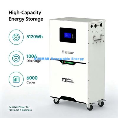 Bateria móvel de armazenamento de energia LiFePO4 de 5,12 kWh, ecrã LCD, proteção BMS